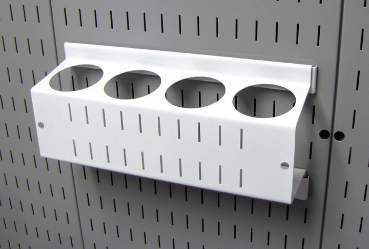 Pegboard Spray Can Holder Bracket and Aerosol Can Organizer for Pegboard and Slotted Tool Board – White