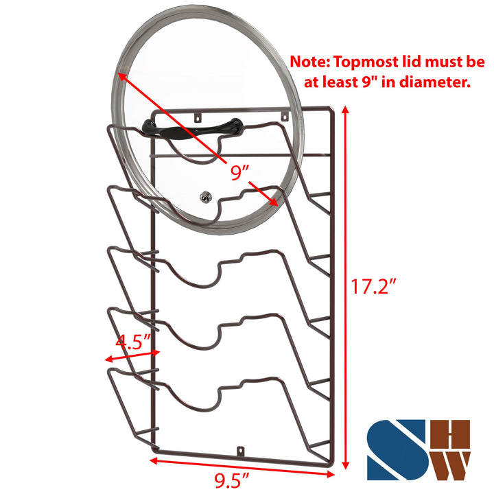 Wall Door Mounted Pot Lid Rack, 9.5 Wx4.5 Dx17.2 H, Bronze Finish