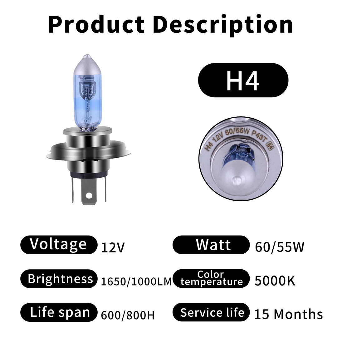 9003 H4 Halogen Headlight H4 Bulb with Super White Light Long Life Replacement P43T 12V 55W/60W (H4, 2 Pack)