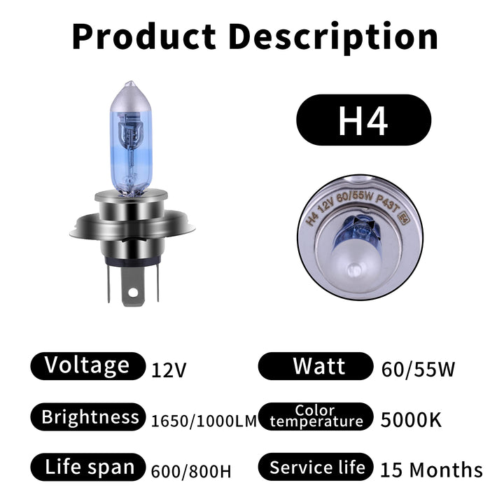 9003 H4 Halogen Headlight H4 Bulb with Super White Light Long Life Replacement P43T 12V 55W/60W (H4, 2 Pack)