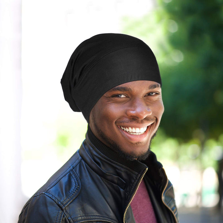 2 Pieces Silk Satin Bonnet for Mens with Natural Curly Wave Hair (Black, Gray)