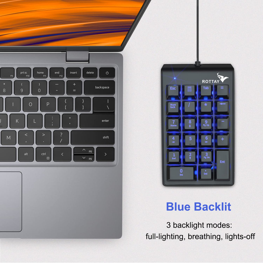Number Pad, Mechanical USB Wired Numeric Keypad with Blue LED Backlit 22 Key Numpad for Laptop Desktop Computer PC Black (Blue switches)