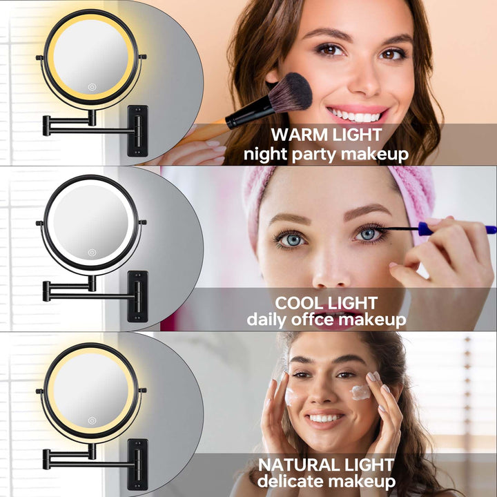 Rechargeable Wall Mounted Lighted Makeup Mirror, Mounted Makeup Magnifying Mirror with Lights,10X LED Vanity Mirror Wall Mounted, 8 Wall Bathroom Light Up Magnified Mirror (Black)