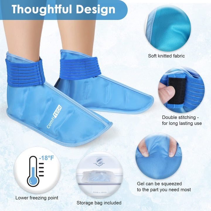 ComfiTECH Foot Ice Pack Wrap for Swollen Feet Ice Pack for Foot Recovery Ice Boot for Foot and Ankle Swelling Relief, Heel Ice Pack Wrap Plantar Fasciitis Achilles Tendonitis, 2 Packs M Blue