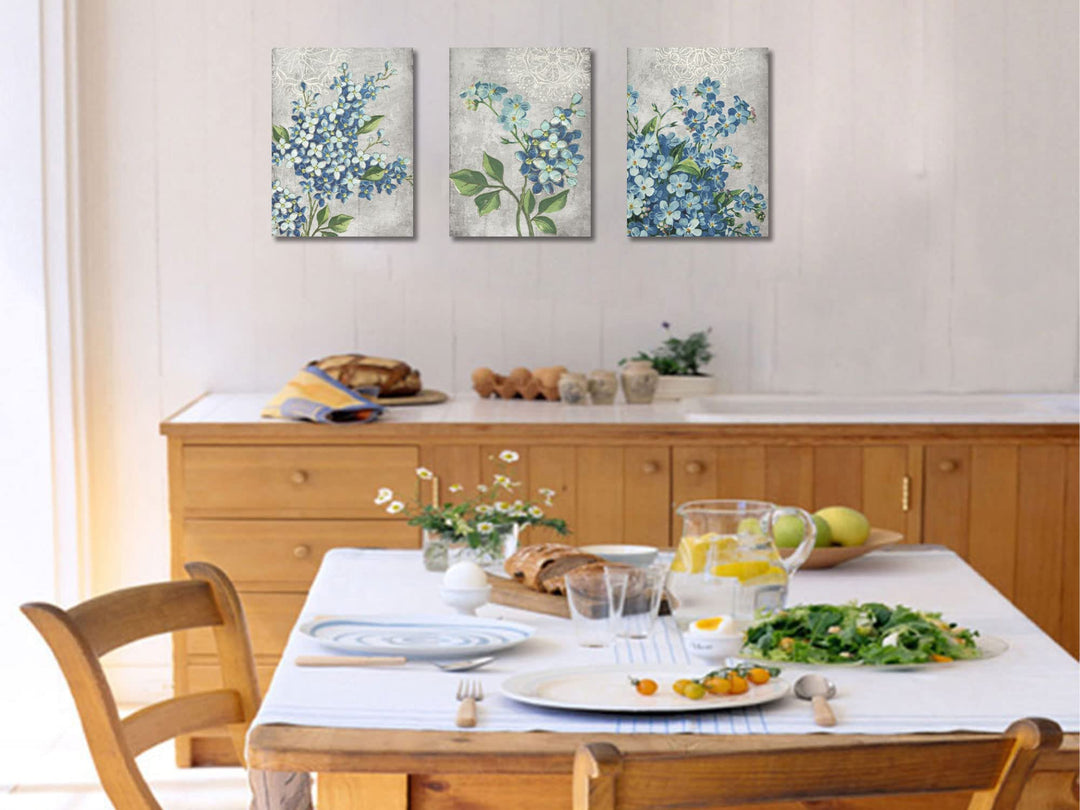 Bathroom Decor Blue Flowers Canvas Wall Art Pictures Florals Blossom Painting Grey Wildflowers Botanical Framed for Bedroom Living Room Dinning Room Home Office Wall Decor, 12x16x3 Panels