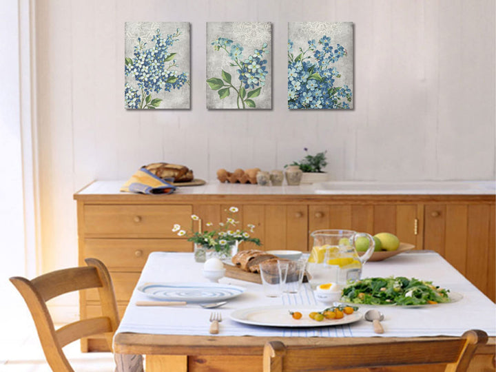 Bathroom Decor Blue Flowers Canvas Wall Art Pictures Florals Blossom Painting Grey Wildflowers Botanical Framed for Bedroom Living Room Dinning Room Home Office Wall Decor, 12x16x3 Panels