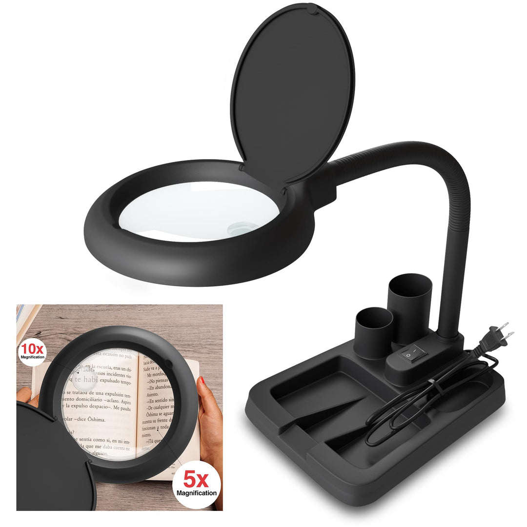 Magnifying Glass with Light and Stand-5X 10X Magnifying Lamp, Magnifying Glass for Reading, Desk Lamp with Magnifier for Close Work (Black)