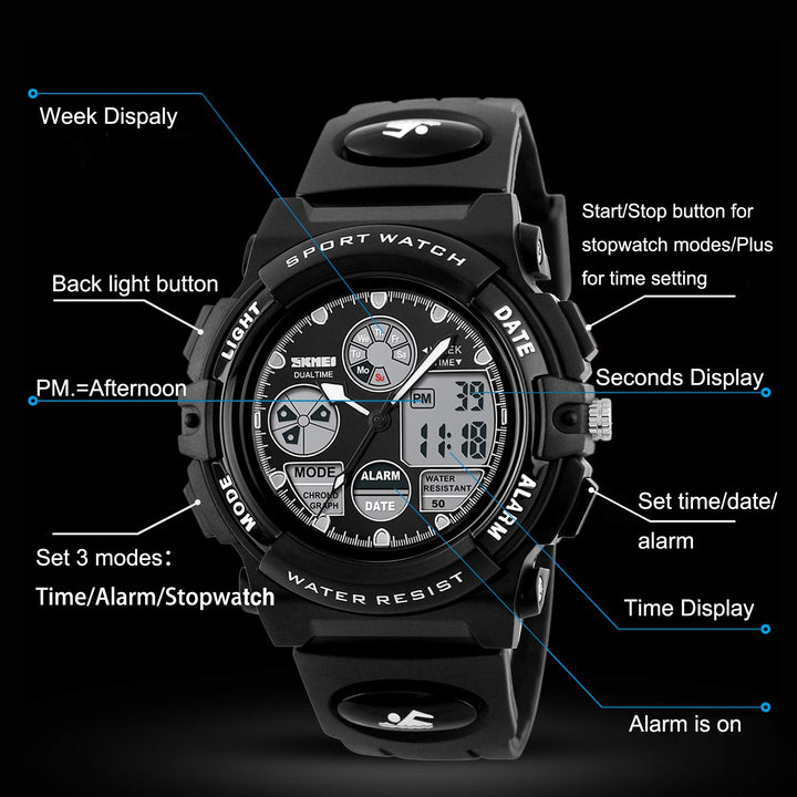 Kids Sports Watch Waterproof Boys Multi-Function Analog Digital Wristwatch LED Alarm Stopwatch Black