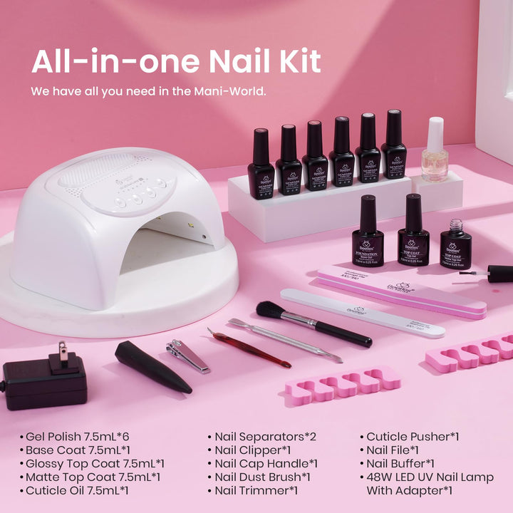 Beetles Gel Nail Polish Kit with with 48W UV LED Nail Lamp Starter Kit-6 Pcs Maroon Burgundy Red Gel Polish Set Base Gel Top Coat Glitter Gel Nail Kits Manicure Kit Gifts for Women