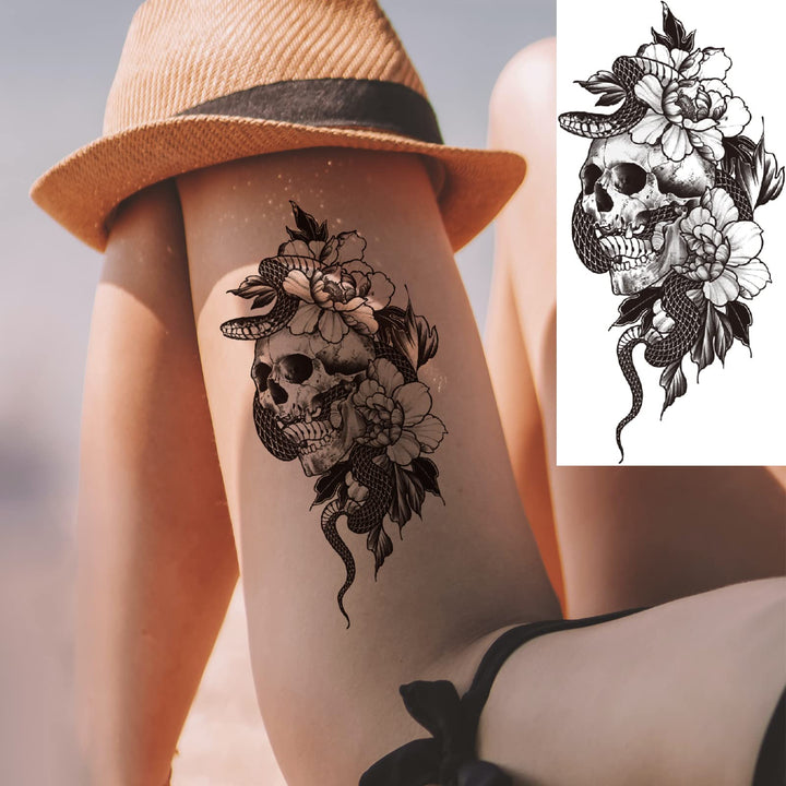 Briyhose 10 Sheets Skull Flower Temporary Tattoos For Women Adult Girl, Large Realistic Skeleton Floral Snake Rose Fake Tattoo Stickers Half Sleeve Arm, Long Lasting Sexy Temp Tatoos Leg Thigh Body