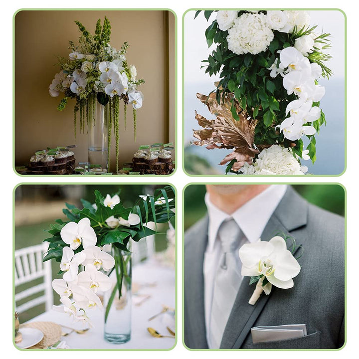 Artificial Phalaenopsis Flowers 4 Pcs, 15” Fake Silk Orchids with Stem Leaves for Valentine&#39;s Day Home Office Wedding Party Décor (White)