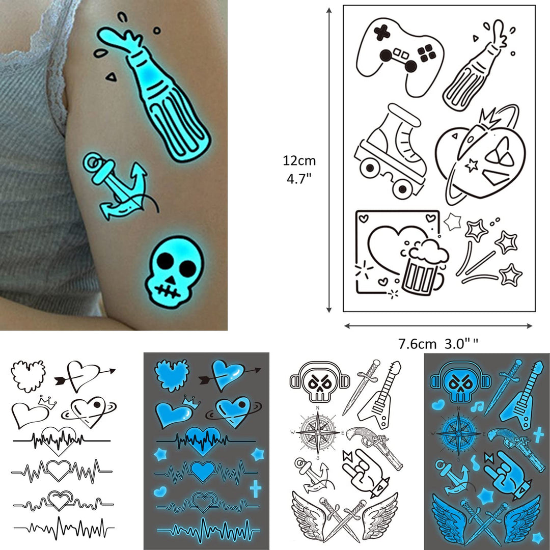 80+ Glow in the Dark Blue Temporary Tattoos for Adults, Mixed Style Tattoo, Luminous Pub Music Sexy Holiday Guns Fake Tattoo, Men Women Party Favor Supplies