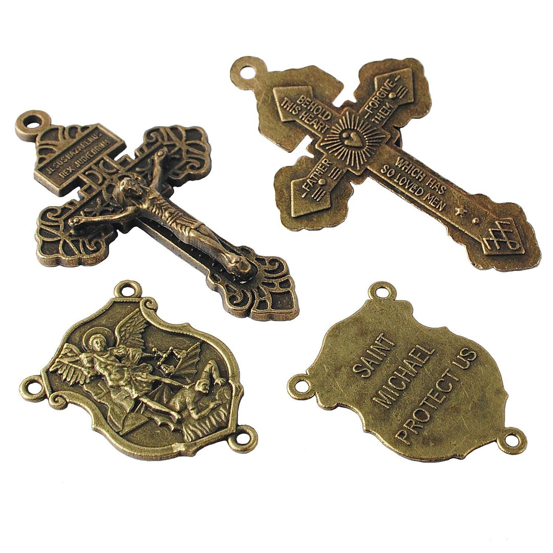 4 Sets of Saint Michael Centerpiece and Pardon Crucifix for DIY Making Rosary (Anti-Bronze)