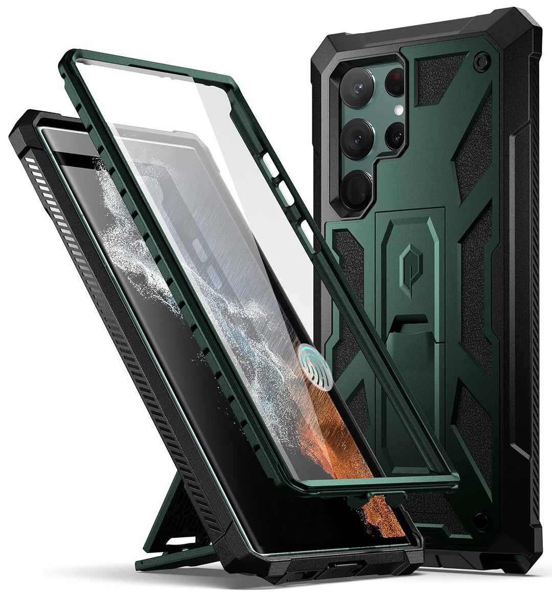 Spartan Case for Samsung Galaxy S22 Ultra 5G 6.8 inch, Built-in Screen Protector Work with Fingerprint ID, Full Body Rugged Shockproof Protective Cover Case with Kickstand, Metallic Green