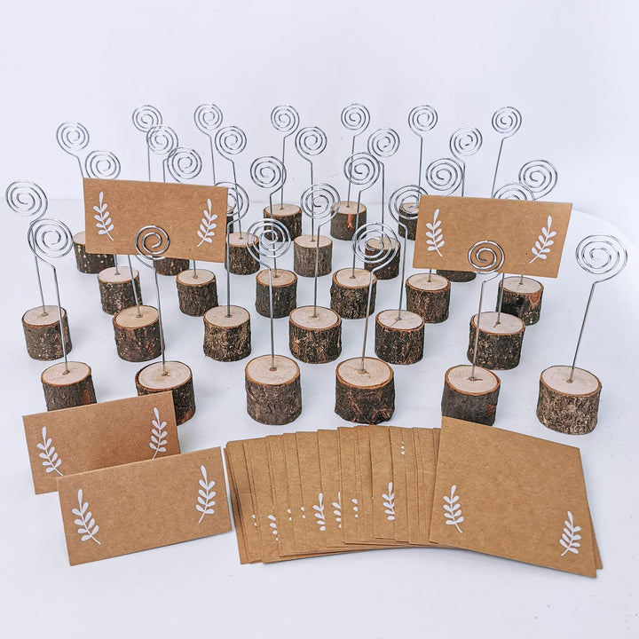 30 Pcs Rustic Wood Place Card Holders with Swirl Wire Wooden Bark Memo Holder Stand Card Photo Picture Note Clip Holders 5.8 and Kraft Place Cards Bulk for Wedding Party Table Number Name Sign