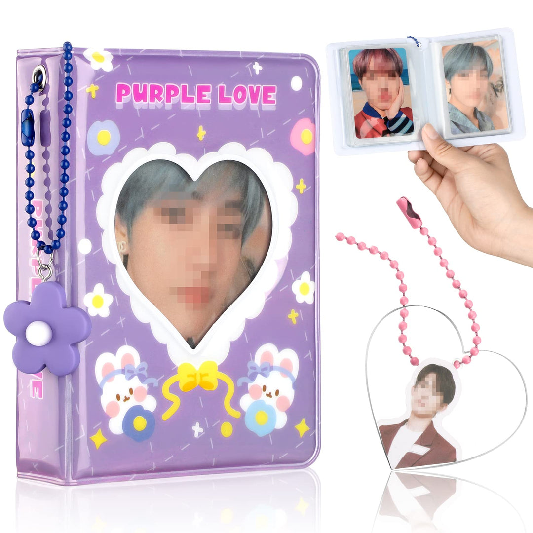 3 Pieces 3 Inch Mini Photo Album Set Kpop Photocard Binder Kpop Photocard Holder Book Kpop Album With Pendant And Diy Keychian For Collecting Picture, 40 Pockets(Rabbit, Flower)