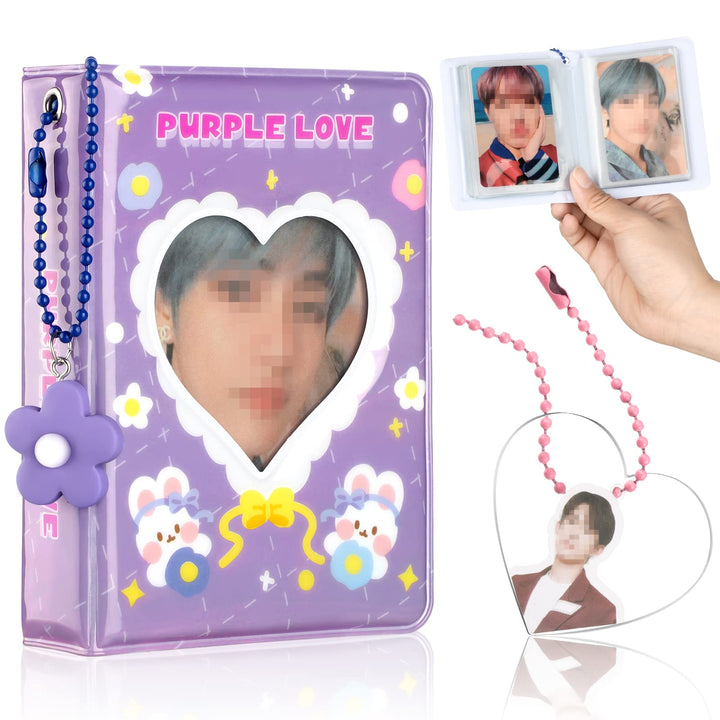 3 Pieces 3 Inch Mini Photo Album Set Kpop Photocard Binder Kpop Photocard Holder Book Kpop Album With Pendant And Diy Keychian For Collecting Picture, 40 Pockets(Rabbit, Flower)
