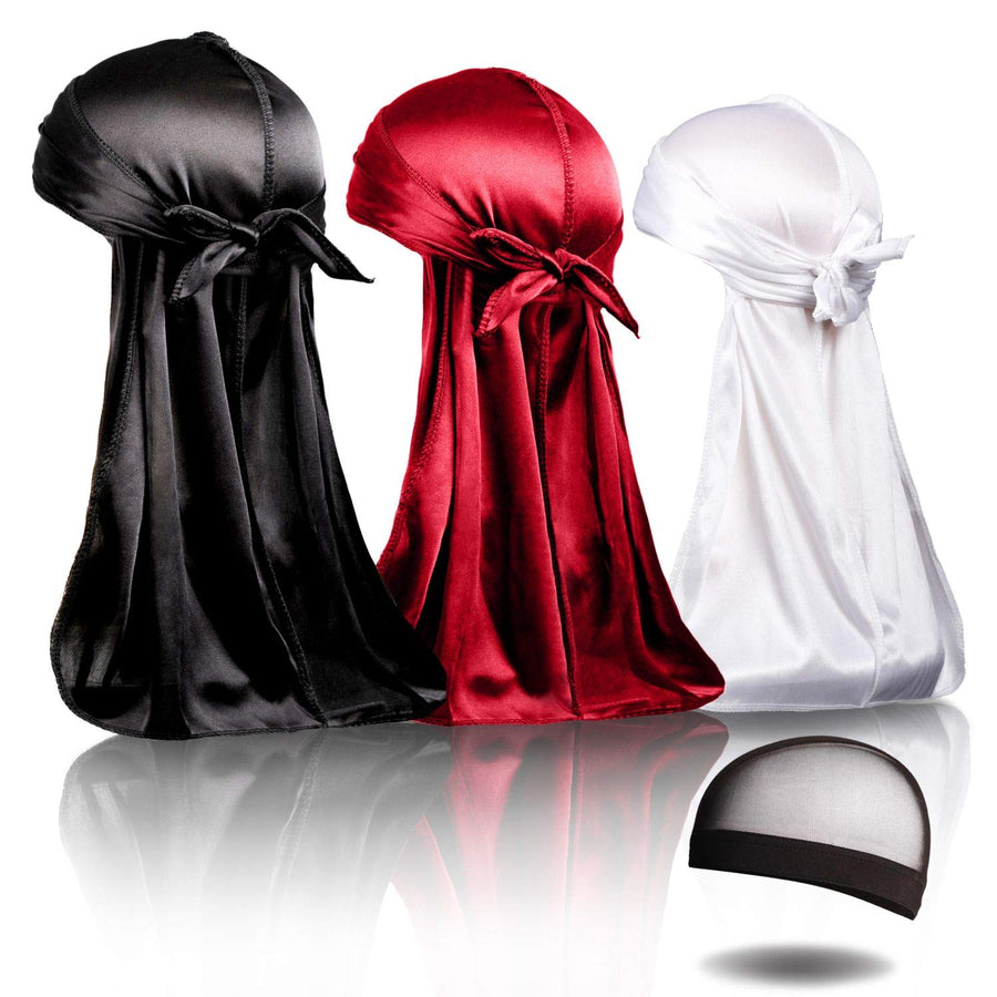 3Pcs Durag, Durags for Men Silky, Silk Durag for Men Women 360 Waves Extra Long Tail with 1 Wave Cap (Black,Red,White)