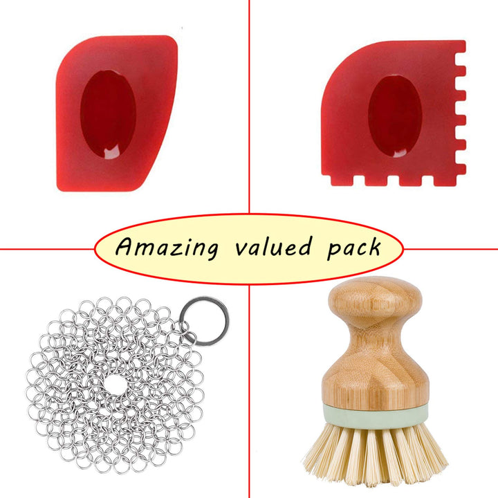 Cast Iron Cleaner kit, Wood Scrub Cleaning Brush, Stainless Steel Chainmail Scrubber, Pan Scrapers, Kitchen Cleaning