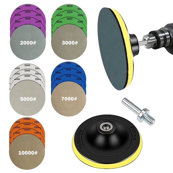 Water Grit Sandpaper 2000/3000/5000/7000/10000 and 5-inch Backing Pad Set, Wet Dry Electric Hook &amp;Loop Sanding Disc with Pad, Grinding Abrasive Paper and Orbital Sander Polisher