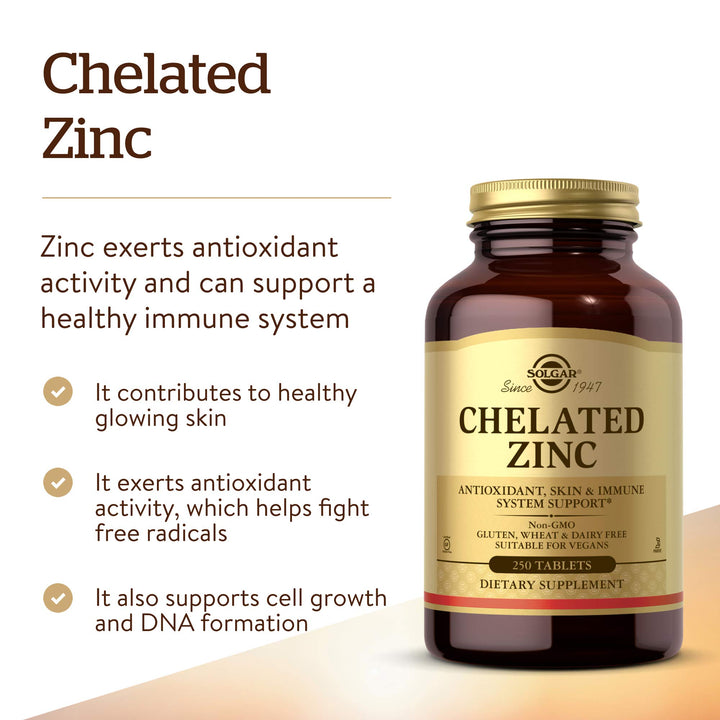 Solgar Chelated Zinc, 250 Tablets - Zinc for Healthy Skin - Supports Cell Growth &amp; DNA Formation - Exerts Antioxidant Activity - Supports A Healthy Immune System - Non GMO, Vegan - 250 Servings