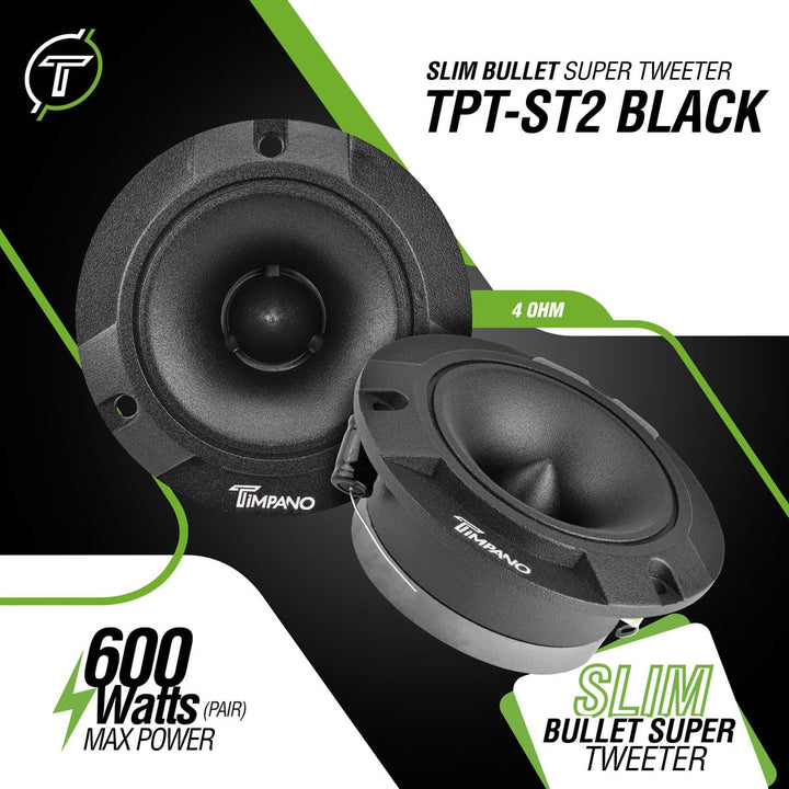 TPT-ST2 Black Slim Super Tweeter, 600 Watts 4 Ohm, 105 dB, 1 in Voice Coil, 3.85 inch Pro Car Sound System Bullet Tweeters (Pair)