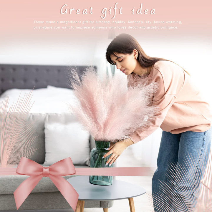 8Pcs 35.4” Pink Faux Pampas Grass Large Branches Boho Decor, Non-Shedding Fluffy Artificial Bulrush Floral Feathers, Tall Reed Fluffy Stems Vase Filler for Living Room Wedding Decoration