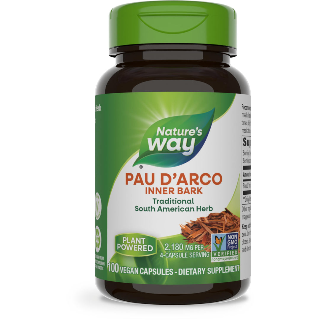 Nature&#39;s Way Pau d&#39;Arco Inner Bark, Traditional South American Herb, 2,180 mg per 4-Capsule Serving, Non-GMO Project Verified, 100 Capsules (Packaging May Vary)