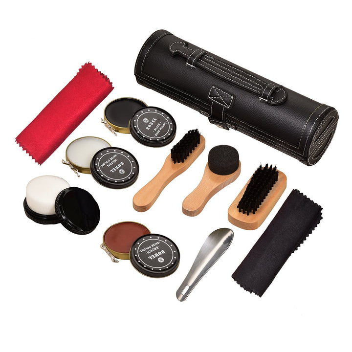 Shoe Care Kit Travel Shoes Shine Brush Polish Kit with PU Leather Sleek Elegant Case 10-Piece