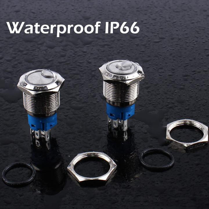 1PC 22mm Metal Waterproof Anti-Vandal Momentary Push Button Switch 12V-24V LED Light (ON)-Off 5Pins 1NO 1NC with Pre-Wired Socket for 7/8 Mounting Hole Black Shell Halo Ring Orange