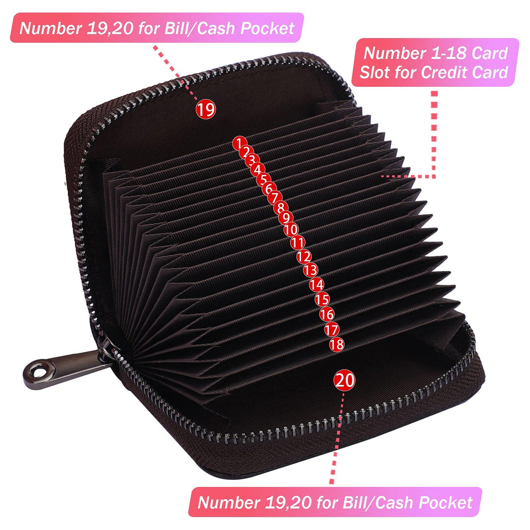 RFID 20 Card Slots Credit Card Holder Genuine Leather Small Card Case for Women or Men Accordion Wallet with Zipper