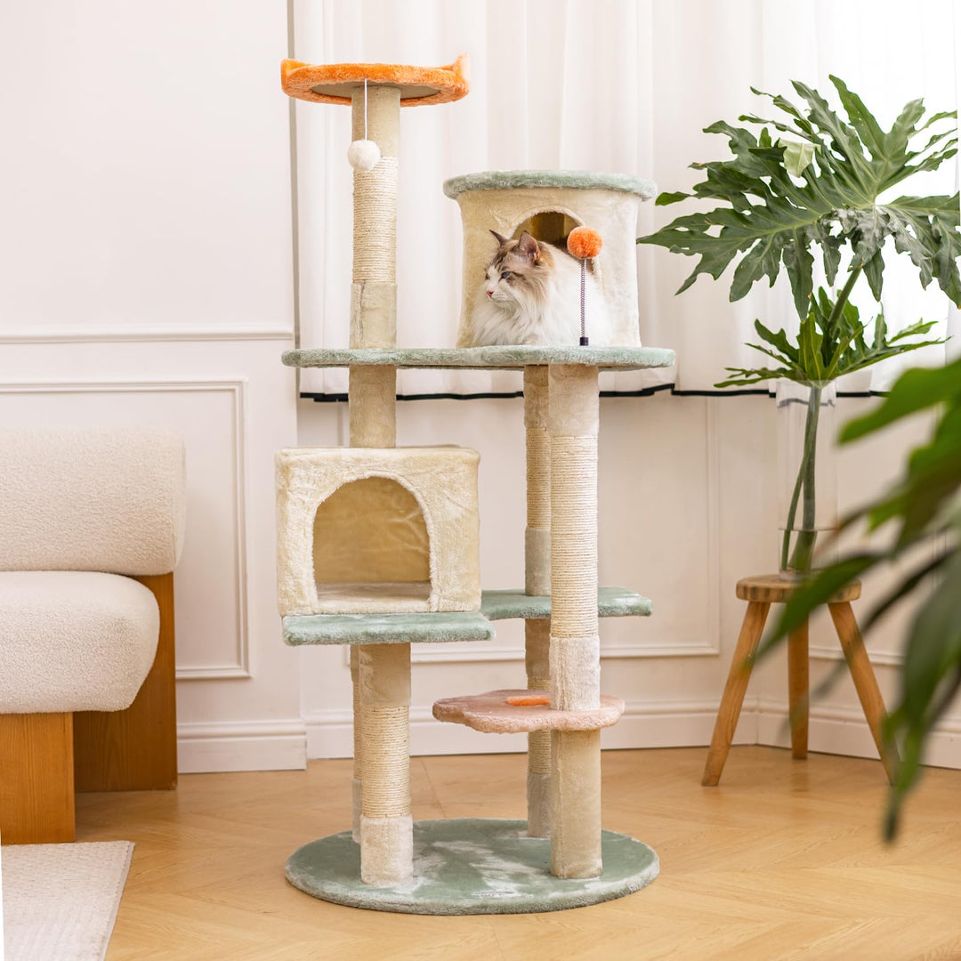 HYABi 53 Inch Flower Cat Tree - Multi-Level Cat Condo with Scratch Posts &amp; Toys, Fresh Design Eco-Friendly Material, for Multi-Cat Households &amp; Indoor Cat Playground