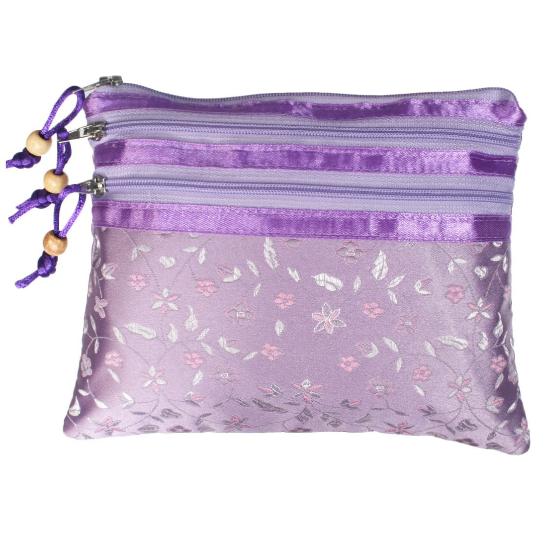 2 pc Chinese Silk Brocade 3 Zipper Pocket Tassel Jewelry Bag Gift Pouch