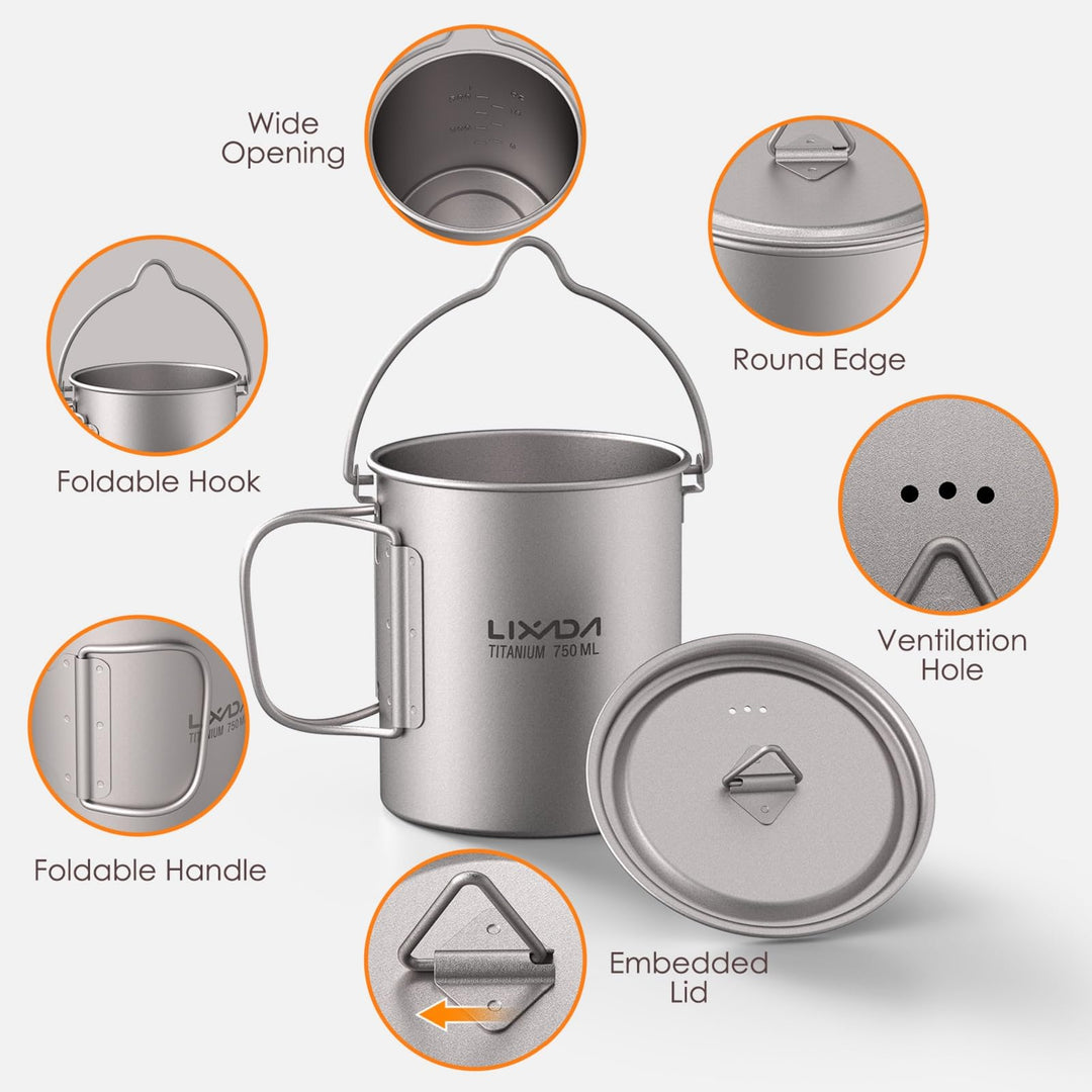 Lixada Titanium Water Mug Cup with Lid and Foldable Han