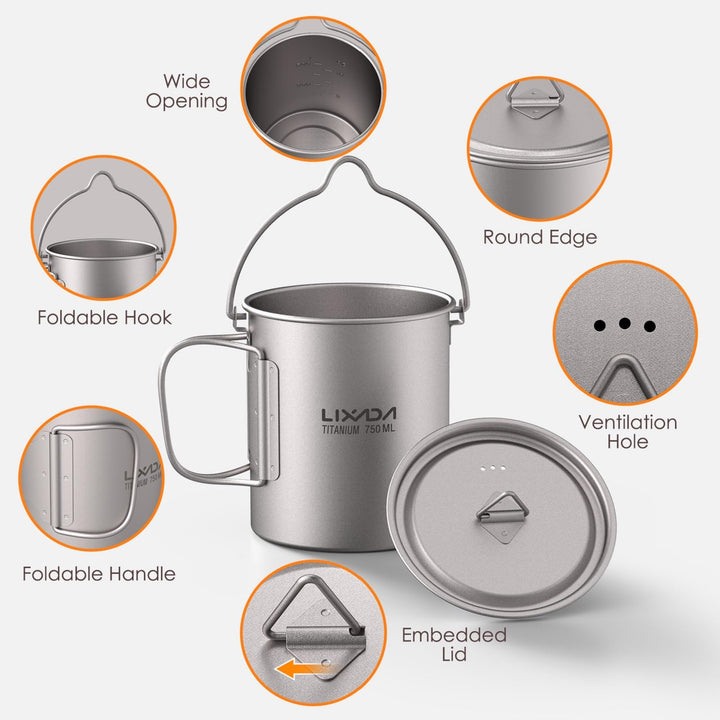Lixada Titanium Water Mug Cup with Lid and Foldable Han