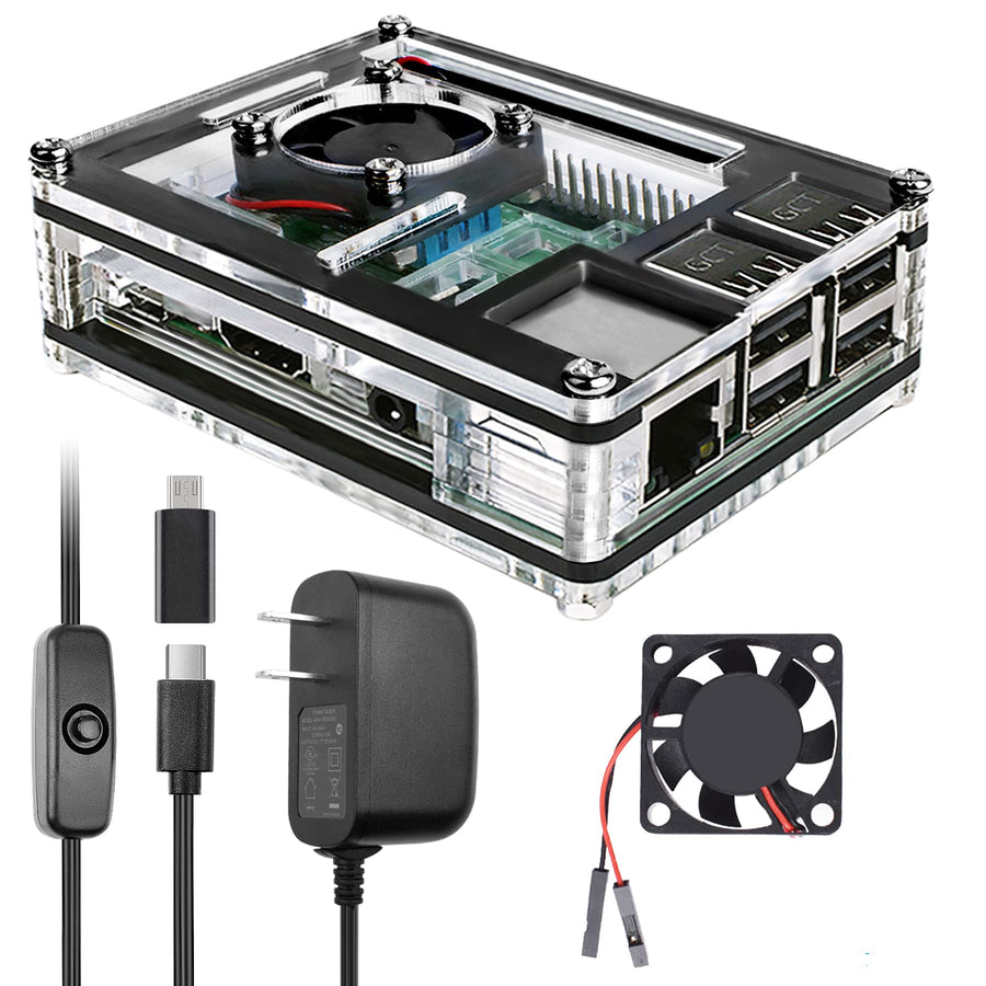 Raspberry Pi 3 B+ Case with Fan Cooling Pi 3B Case with 3 Pcs Heat-Sinks 5V 3A Power Supply for Raspberry Pi 3 B+ (B Plus) 3B (No Raspberry Pi Board)