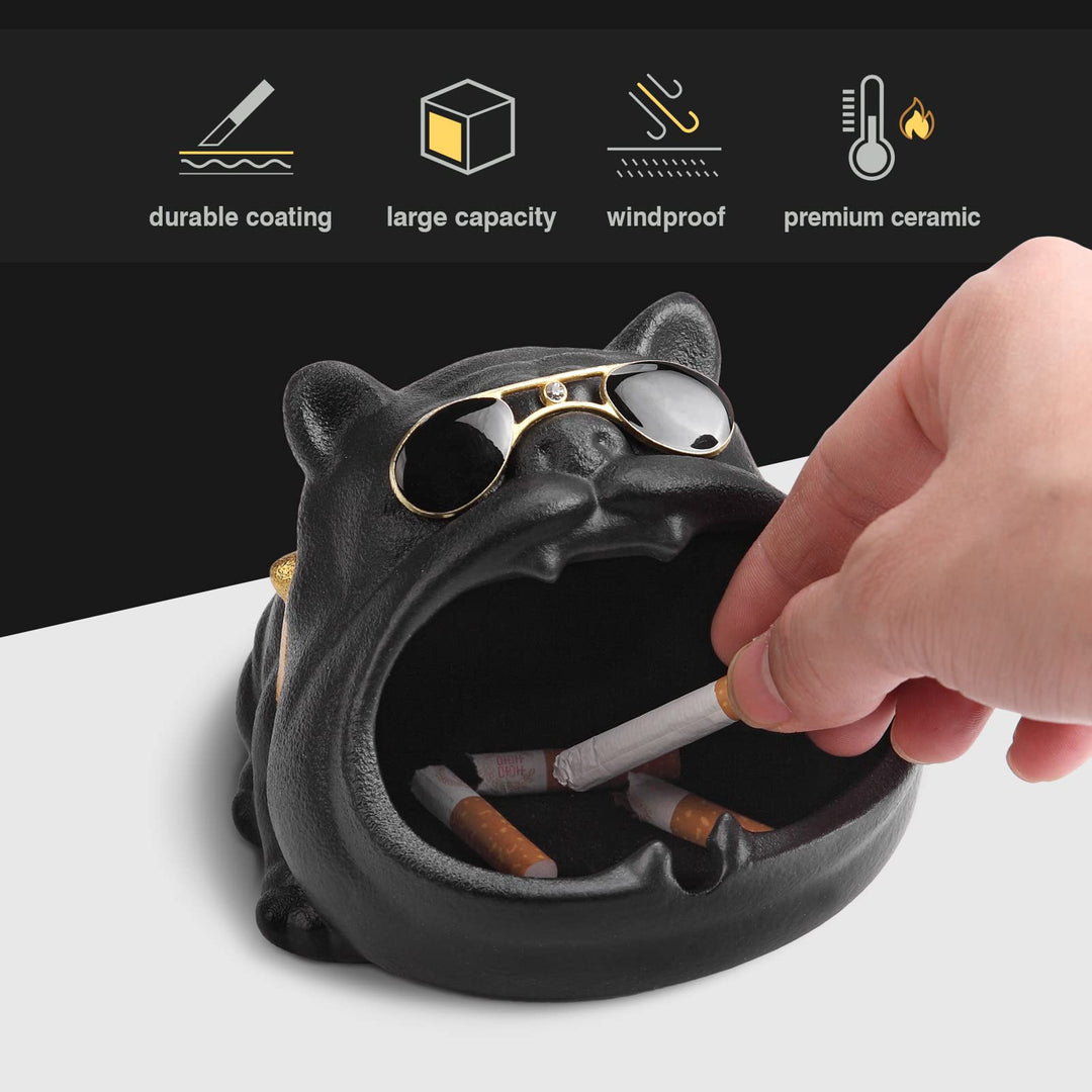 Outdoor Ashtray for Cigarette, Cool Ash Tray Sets for weed, Decorative Fancy Ashtrays of Black Bully Dog Design, Ceramic Desktop Ash Holder for Patio Home Office, Great Gift for Men Women