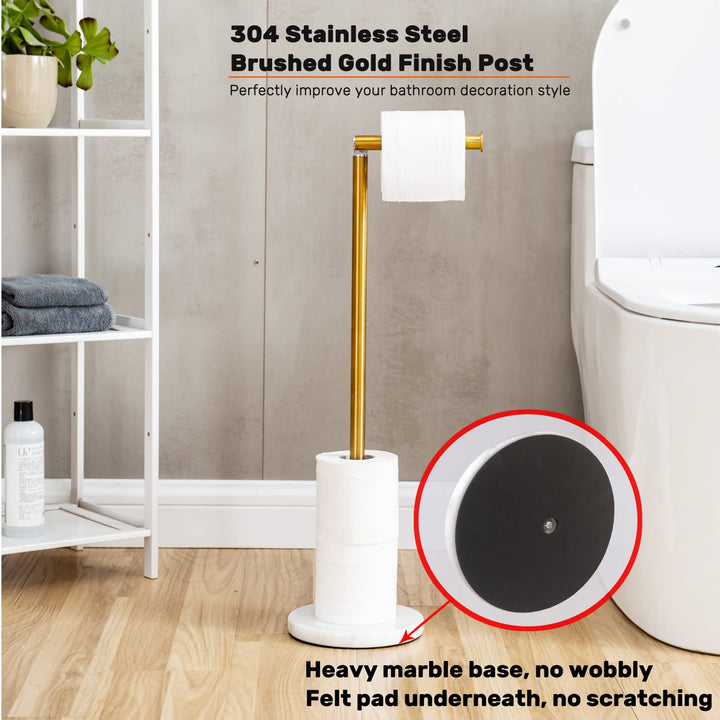 Gold Toilet Paper Holder Stand with Heavy Marble Base, Freestanding Toilet Tissue Roll Holder Gold Brushed, SUS304 Stainless Steel Gold Brushed Finish