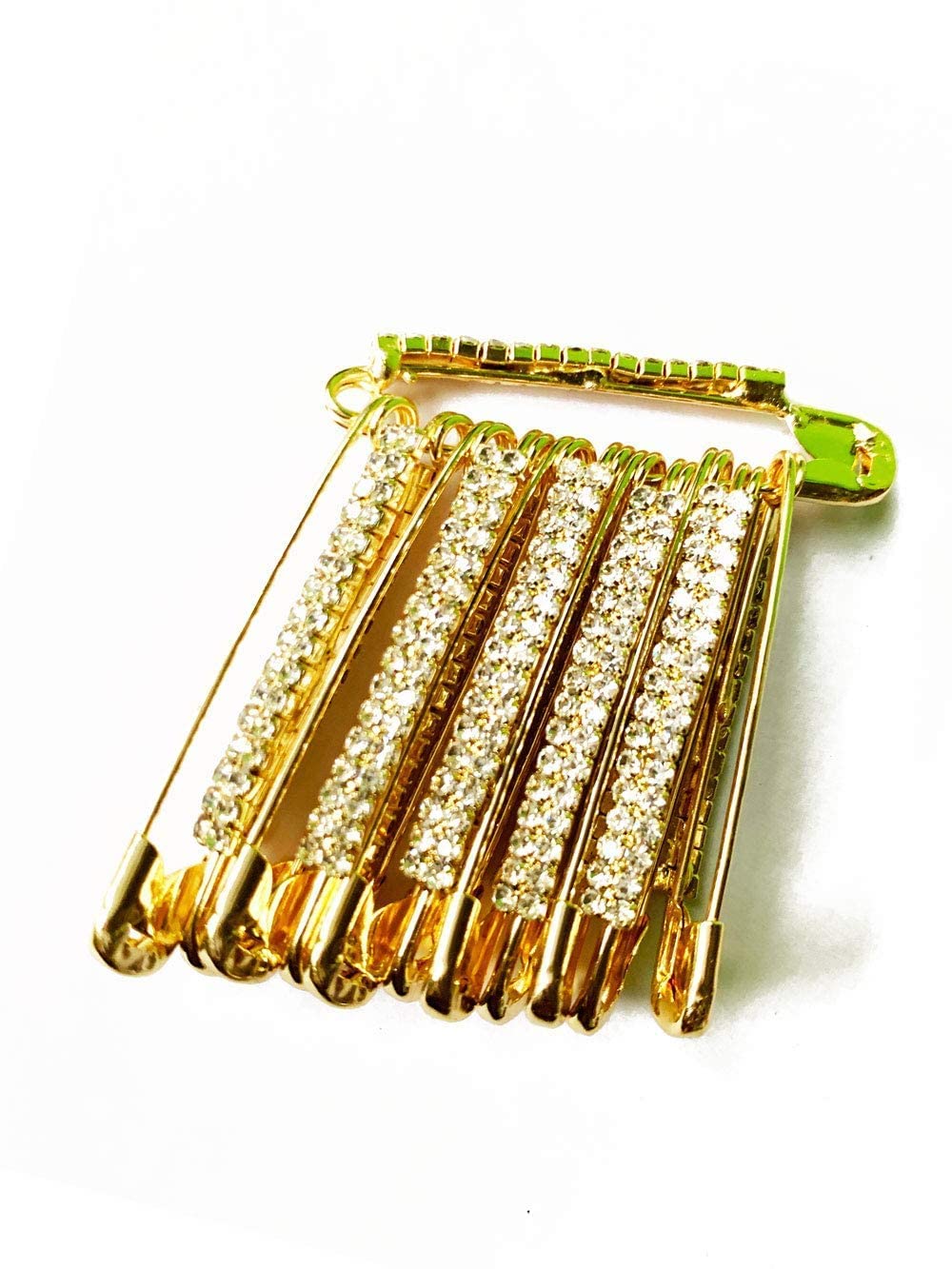 Decorative Golden Saree Pins with Double Stone,Safety Pin Decorated with Diamonds Set of 12