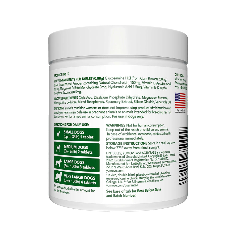 YuMOVE Adult Dog Tablets | Hip and Joint Supplement for Dogs with Glucosamine, Chondroitin, Hyaluronic Acid, Green Lipped Mussel | Dogs Aged 6 to 8 | 120 Count Tablets, Treat Colored