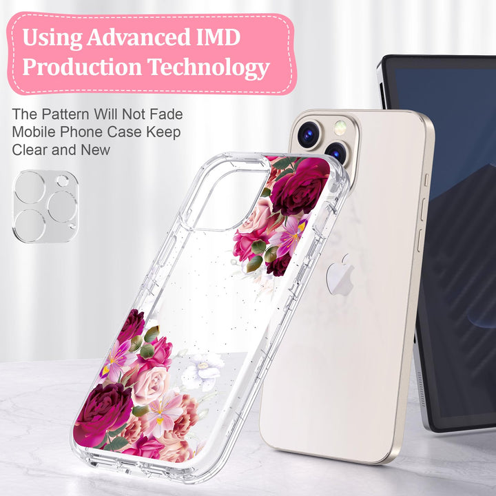 ACKETBOX for iPhone 13 Pro Max Case,with Screen Protector & Camera Lens Protector+Ring Bracket,Floral Phone Cover Designed for iPhone 13 Pro Max 6.7(Big Red Flower 01)