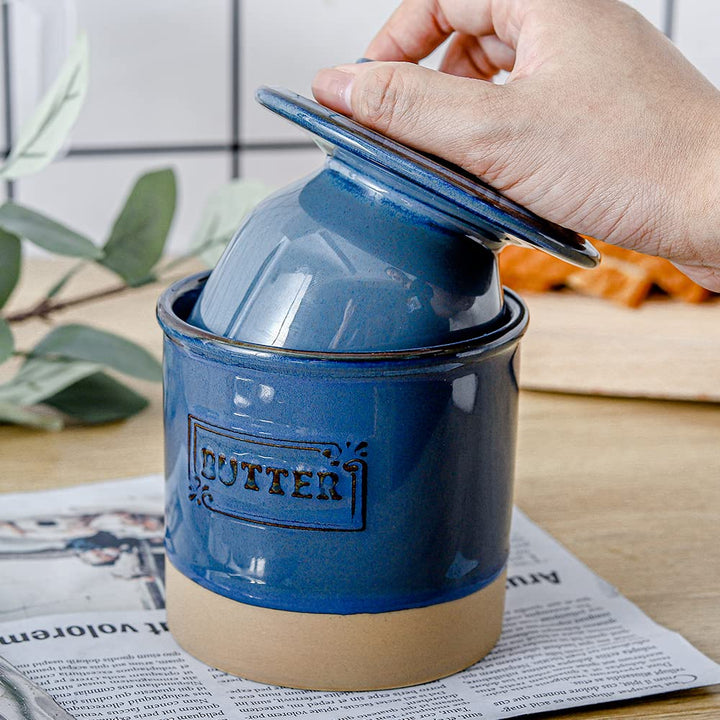 Ceramic Butter Crock, French Butter Dish with Lid for Countertop, Butter Keeper for Counter, Butter Crock with Water, Butter Holder for Soft Butter, Farmhouse Style(Blue)