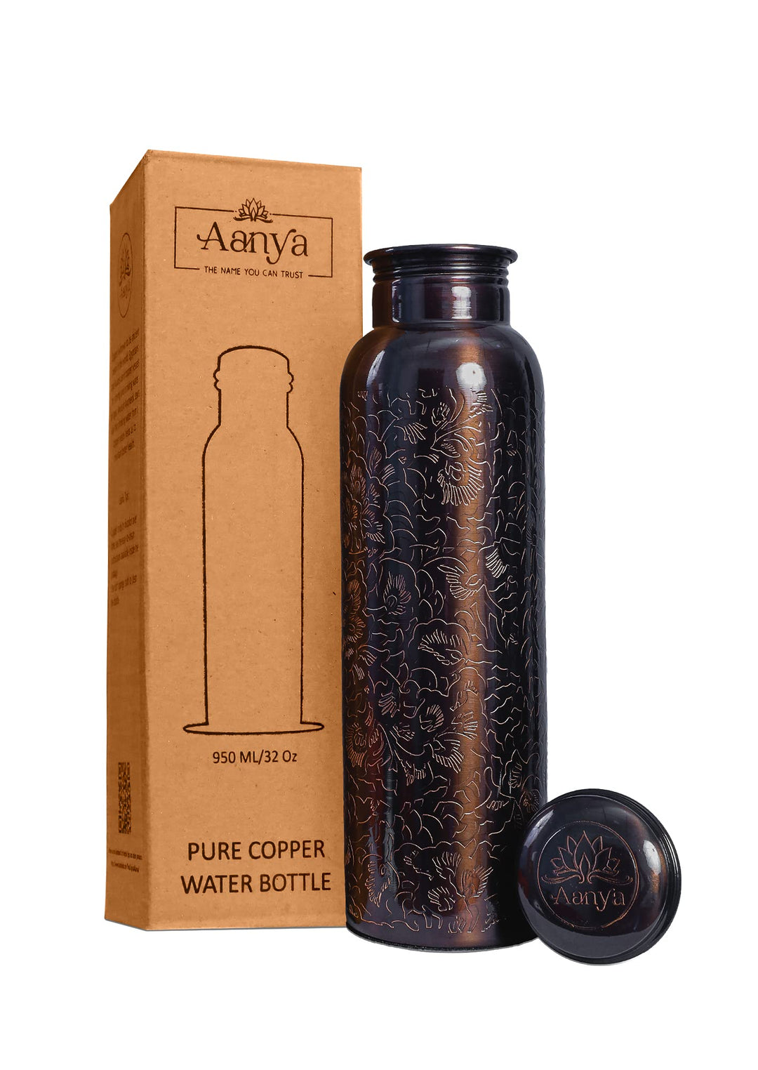 Pure Copper Water Bottle - 32 Oz Ayurvedic Copper Vessel with Engraved Design &amp; Smooth Finish - Premium Copper Flask with Leak Proof Design &amp; Silicone Ring Cap (Black &amp; Brown Shade)