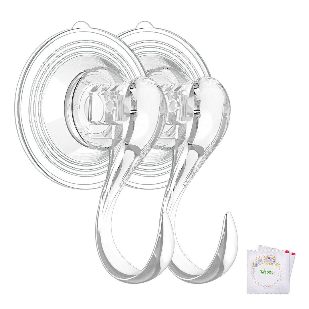 VIS&#39;V Suction Cup Hooks, Small Clear Heavy Duty Vacuum Suction Hooks with Wipes Shower Suction Cups with Hooks Removable Reusable Suction Hangers for Tile Wall Window Glass Door - 2 Pcs