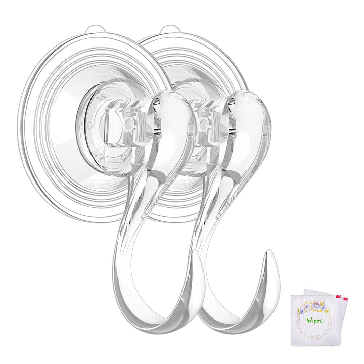 VIS&#39;V Suction Cup Hooks, Small Clear Heavy Duty Vacuum Suction Hooks with Wipes Shower Suction Cups with Hooks Removable Reusable Suction Hangers for Tile Wall Window Glass Door - 2 Pcs