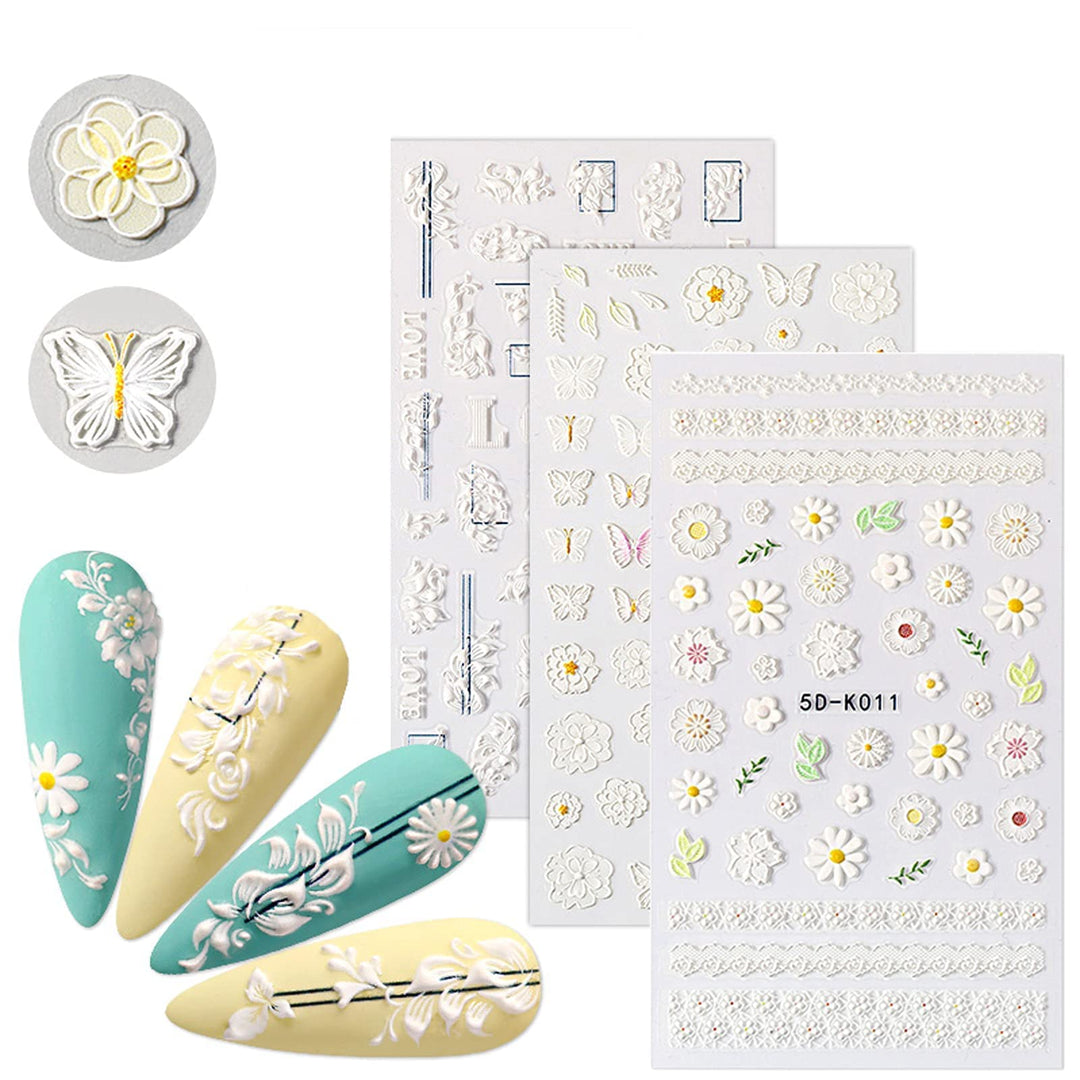 Self-Adhesive Nail Art Stickers - 5D Stereoscopic Embossed Nail Decals Nail Decorations Creative DIY Nail Sticker Include Flower Nail Decor Stickers,Butterfly Nail Stickers,Etc.3 Sheets