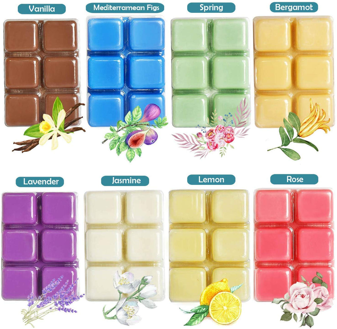 Wax Melts Air Freshener - Highly Scented Luxury Wax Cubes Gift Set - 8 Fragrances X 6 Cubes - Smells Great - Lemon, Fig, Lavender, Spring Fresh,Rose ,Jasmine,Vanilla,Bergamot (One Pack)