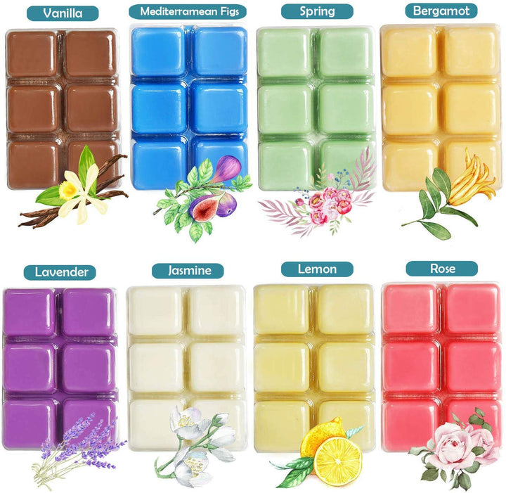 Wax Melts Air Freshener - Highly Scented Luxury Wax Cubes Gift Set - 8 Fragrances X 6 Cubes - Smells Great - Lemon, Fig, Lavender, Spring Fresh,Rose ,Jasmine,Vanilla,Bergamot (One Pack)