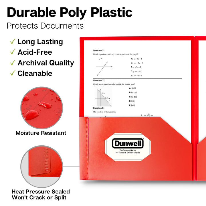 Plastic Folders with Pockets - (Red, 3 Pack), 2 Pocket Poly Folders for School, Home or Office, Durable Heavy Duty File Folders, Includes Removable Adhesive Labels
