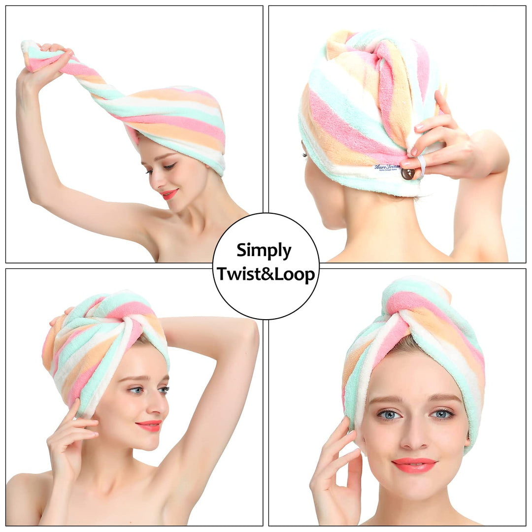 Microfiber Hair Turban,Hair Towel Wrap Turban, Unique Design, Rainbow (2 -Pack)